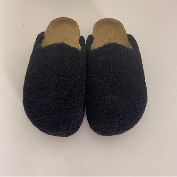 Garnet Hill Black Furry Top Slip On Slide Clog Shoes - Picture 4 of 9
